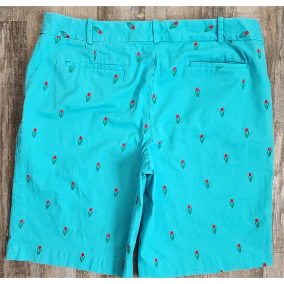 Talbots Embroidered Tulip Shorts Womens 16 Turquoise Blue Floral Cotton Chino - Picture 6 of 7